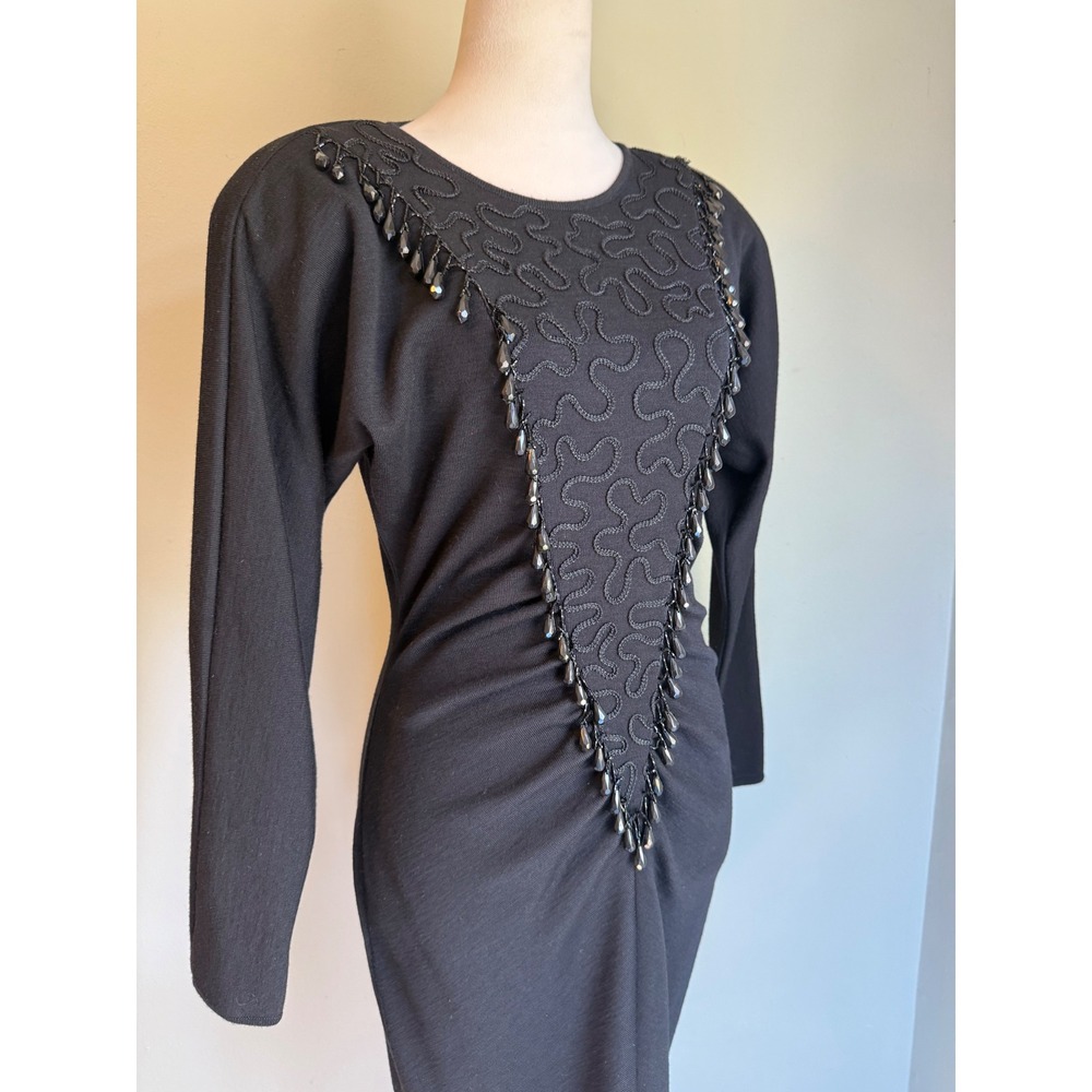 Andrea Jovine Vintage Black Wool Beaded Midi Dress boho whimsi goth dainty y2k s - Picture 2 of 7
